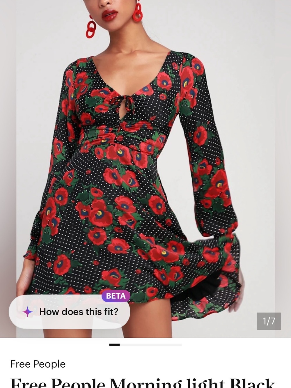 Free People Black Floral Tie-Front Long Sleeve Mini Dress with Red Flowers